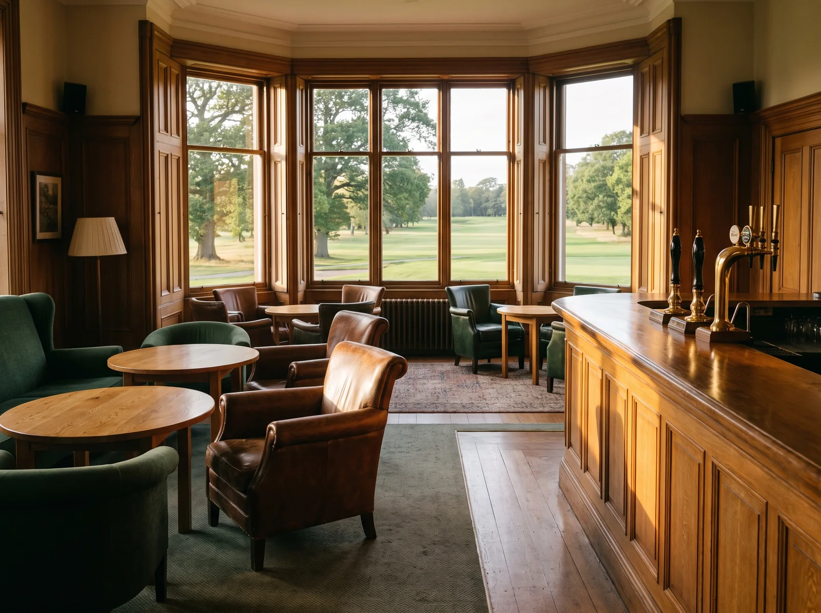 The clubhouse lounge bar: leather armchairs, a long wooden bar and bay windows looking over the course
