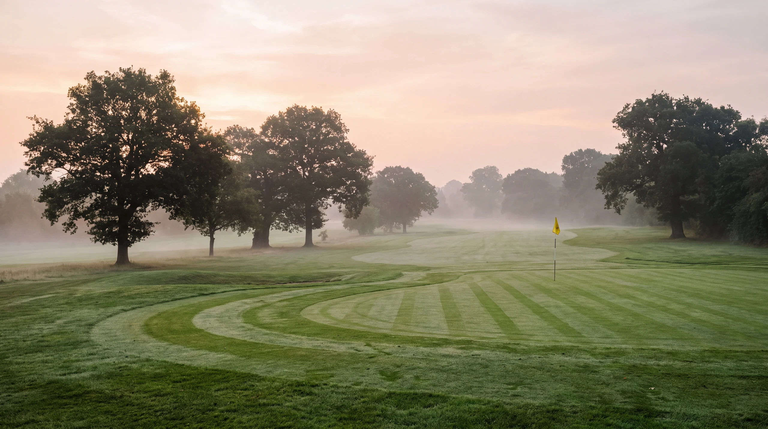 A misty parkland fairway at dawn, oaks either side and a yellow flag on the green