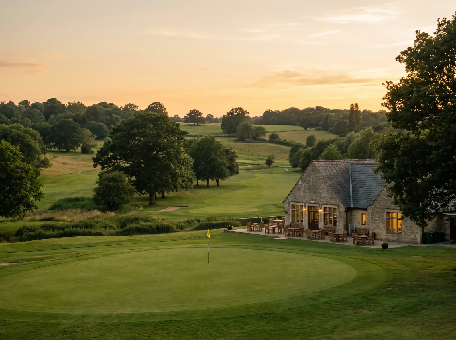 Hole 9: the final green in front of the stone clubhouse