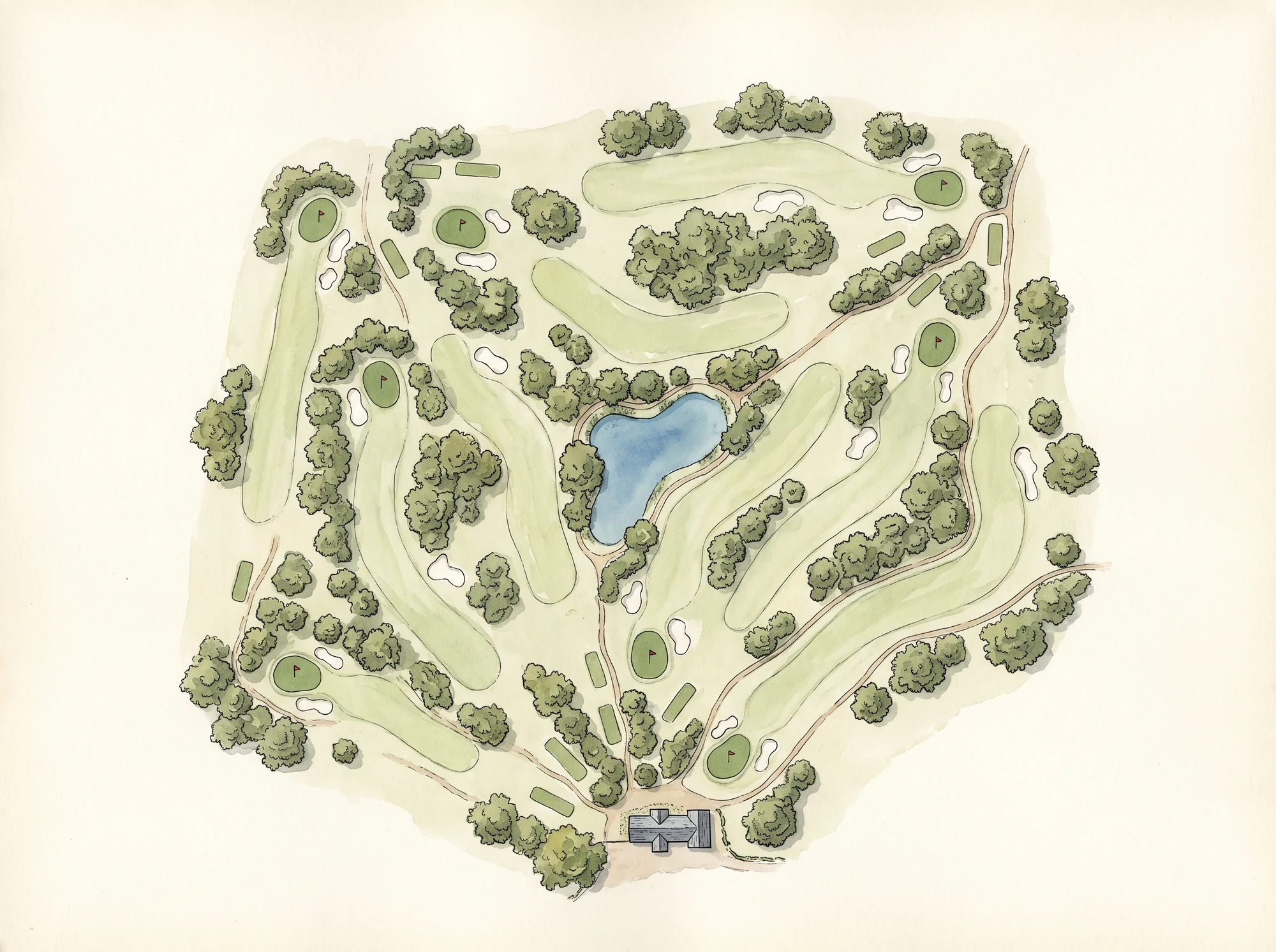 A painted plan of the course: fairways between oak woods, a pond in the middle and the clubhouse at the bottom