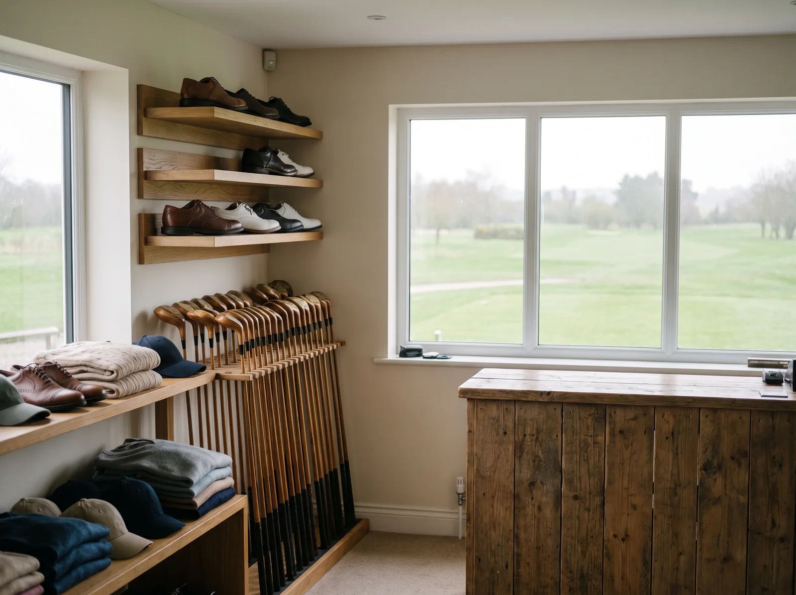 The pro shop: shoes on wooden shelves, a rack of clubs and folded knitwear by a window onto the course