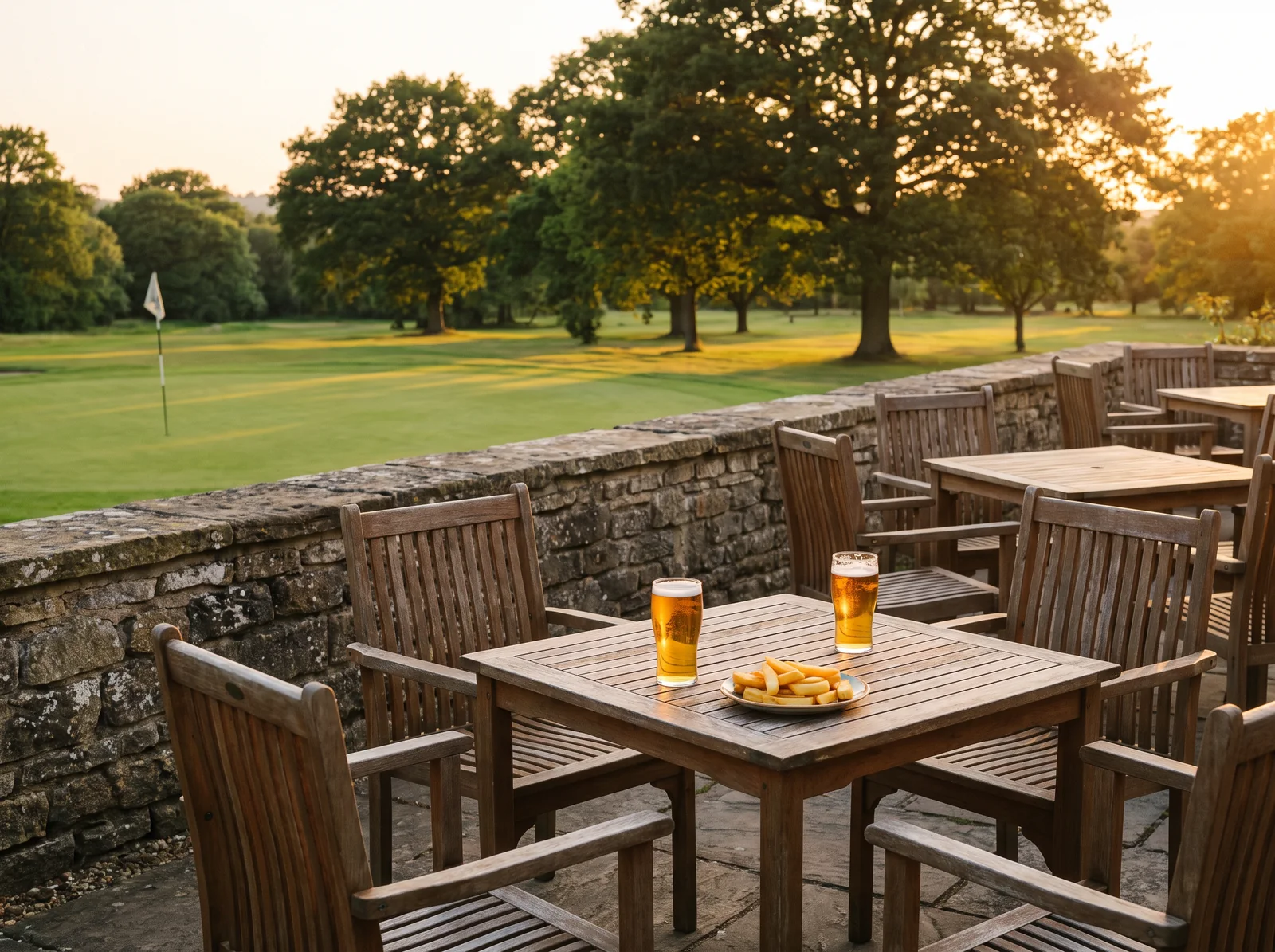 The clubhouse terrace at sunset with two pints on a table